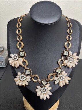 Copper Gold-Tone Pink Floral Statement Chain Collar Necklace